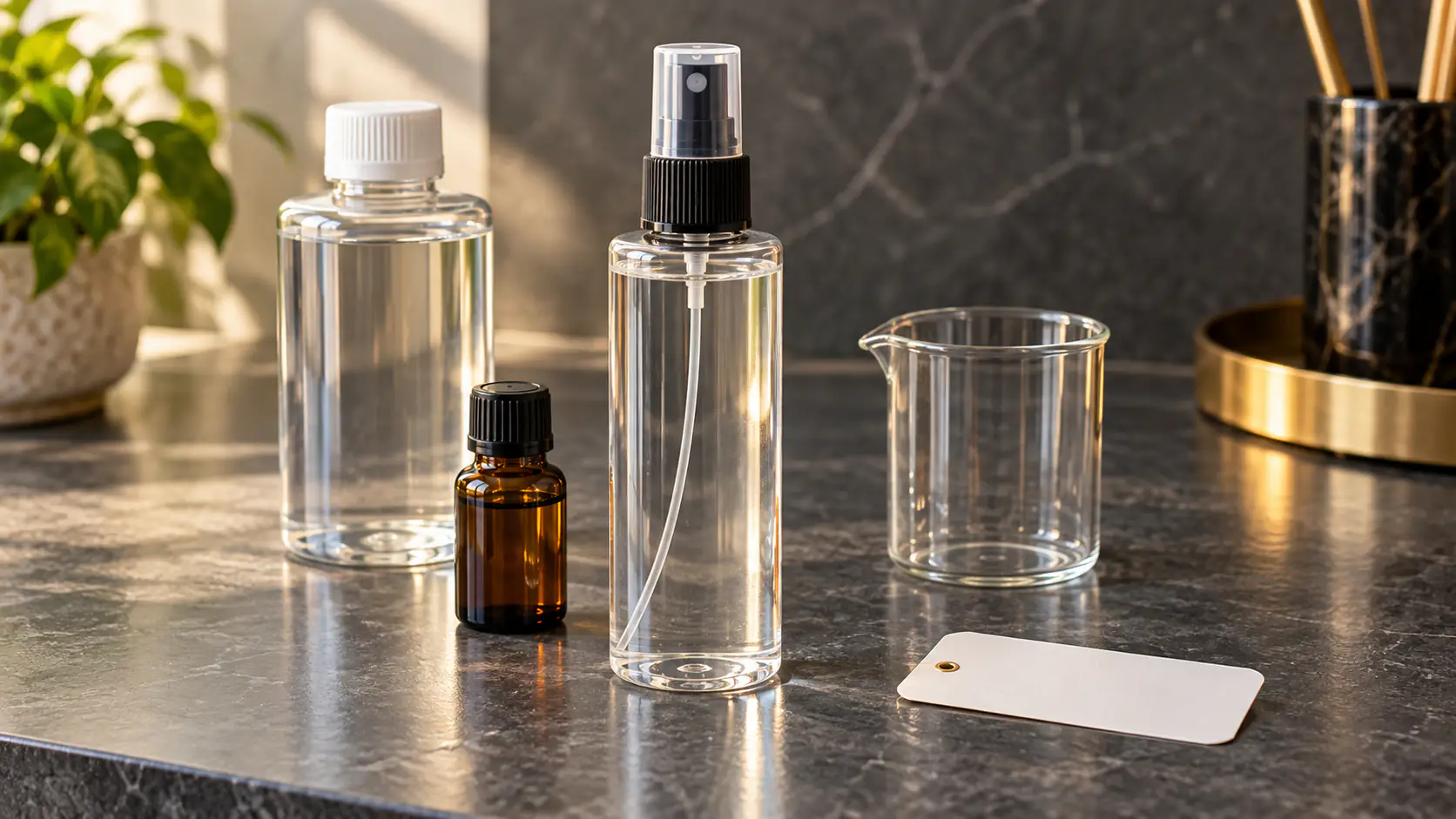Frasco cilíndrico com válvula spray ao lado de frascos de ingredientes, béquer e etiqueta numa bancada.