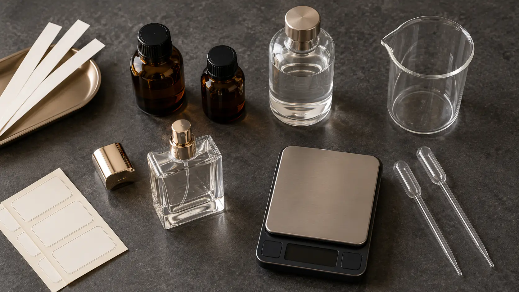 Bancada de perfumaria com frascos âmbar e transparentes, béquer, balança, pipetas, etiquetas e fitas olfativas.