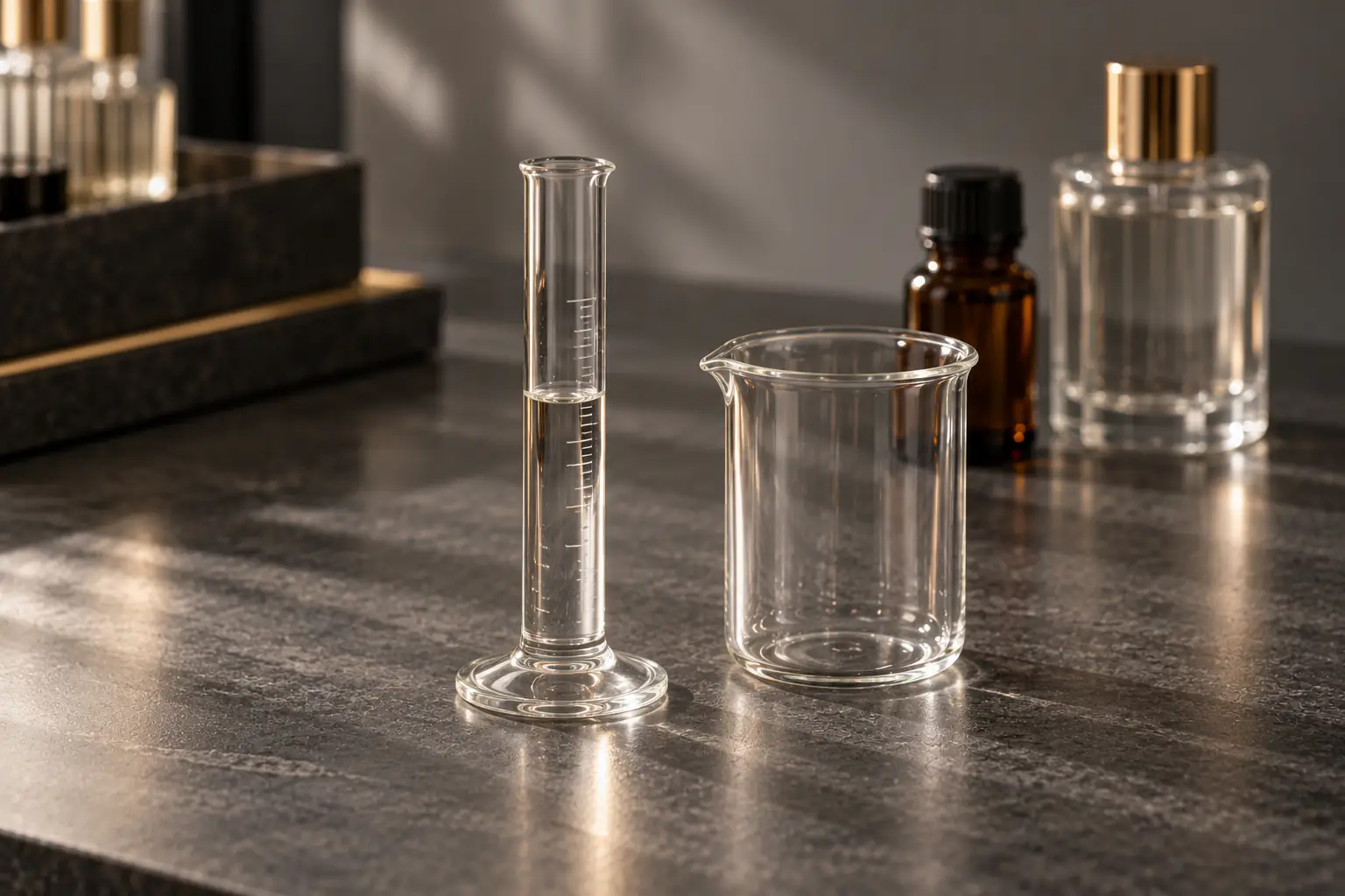 Proveta de vidro com líquido transparente ao lado de um béquer, com frascos ao fundo numa bancada de perfumaria.