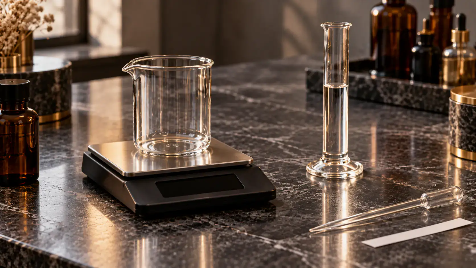 Proveta com líquido transparente ao lado de um béquer sobre uma balança digital numa bancada de perfumaria.