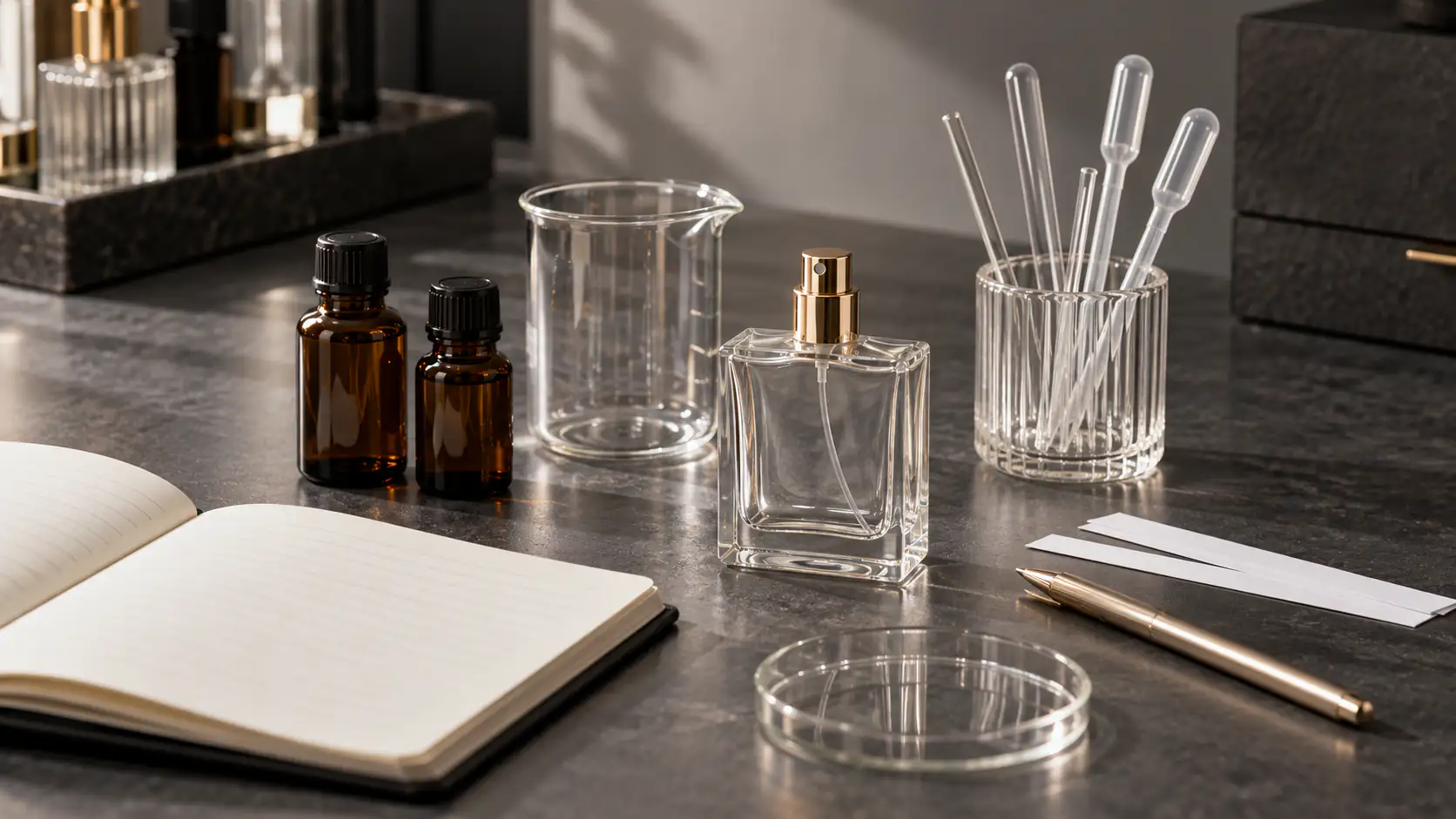 Bancada de perfumaria com frascos âmbar, béquer, pipetas, frasco de perfume e caderno de anotações.